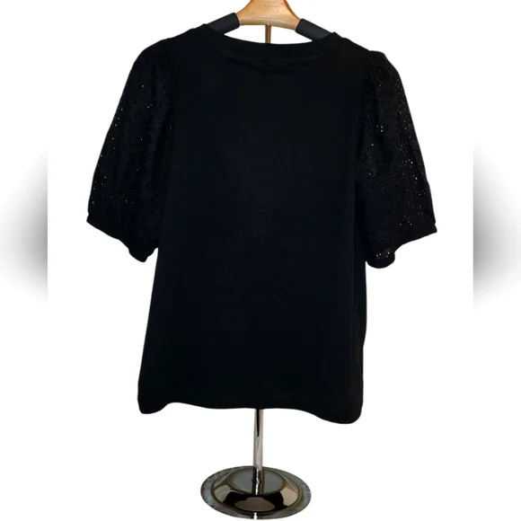 LOFT Black T-shirt w/Puffy Eyelet Sleeves - Large Petite - Picture 2 of 6